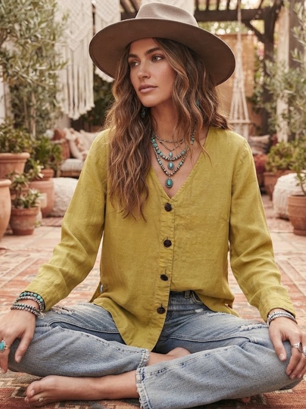 Neiman Marcus Yellow Green Linen Blouse L | V Neck Button Front